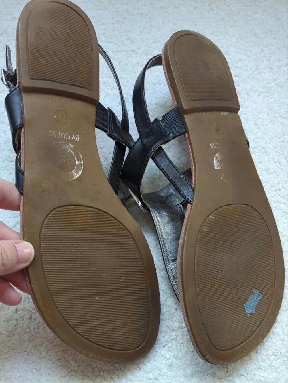 G by Guess Brown and Black T-Strap Sandals with G Hardware